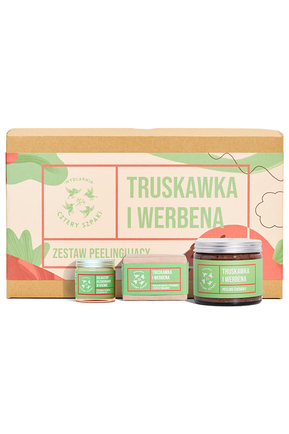 Mydlarnia Cztery Szpaki Zestaw Mydo w kostce + Peeling do ciaa + Delikatny dezodorant w kremie Truskawka i Werbena Zestaw do pielgnacji, naturalny