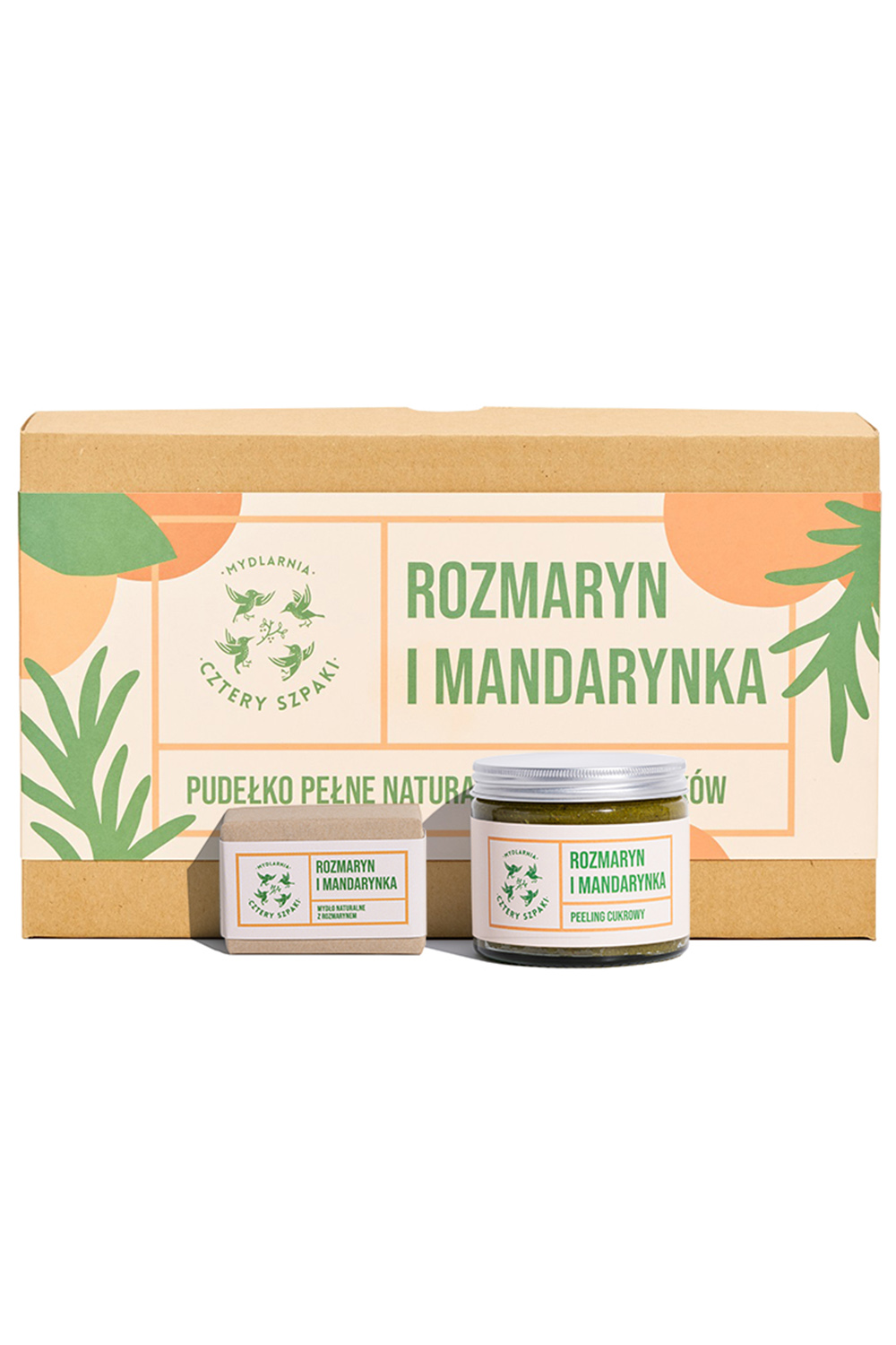 Mydlarnia Cztery Szpaki Zestaw Mydo w kostce + Peeling Rozmaryn i Mandarynka Zestaw do pielgnacji, naturalny