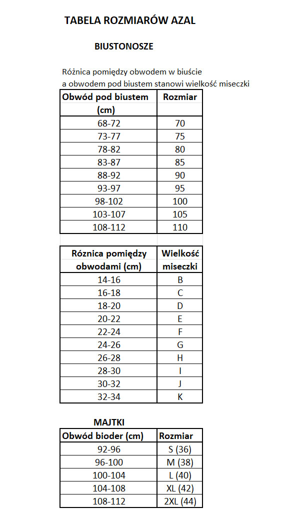Azal - tabela rozmiarów