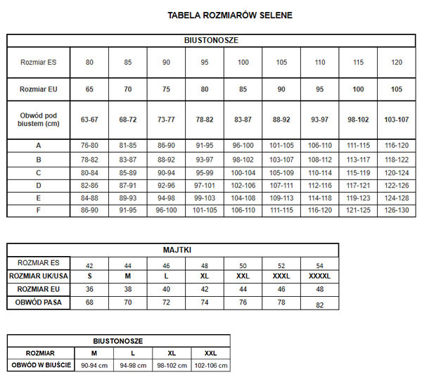 Selene - Tabela rozmiarów