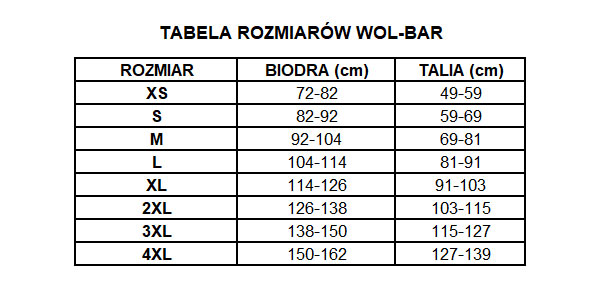 Wol-bar tabela rozmiarów